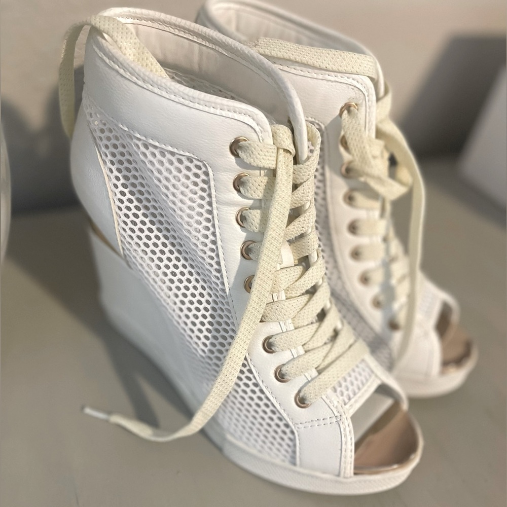 White wedge open toe sneaker